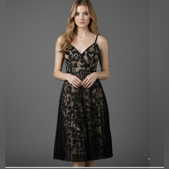 Floral Embroidery Pleated Hem Lace Cami Dress Black - Picture 1 of 11